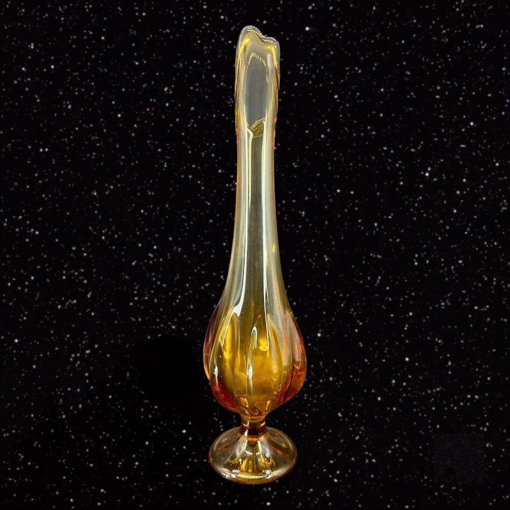Viking Amber Stretch Swung 6 Petal Art Glass Vase Tall MCM Vintage 18"Tall 1.5"W - Picture 12 of 14